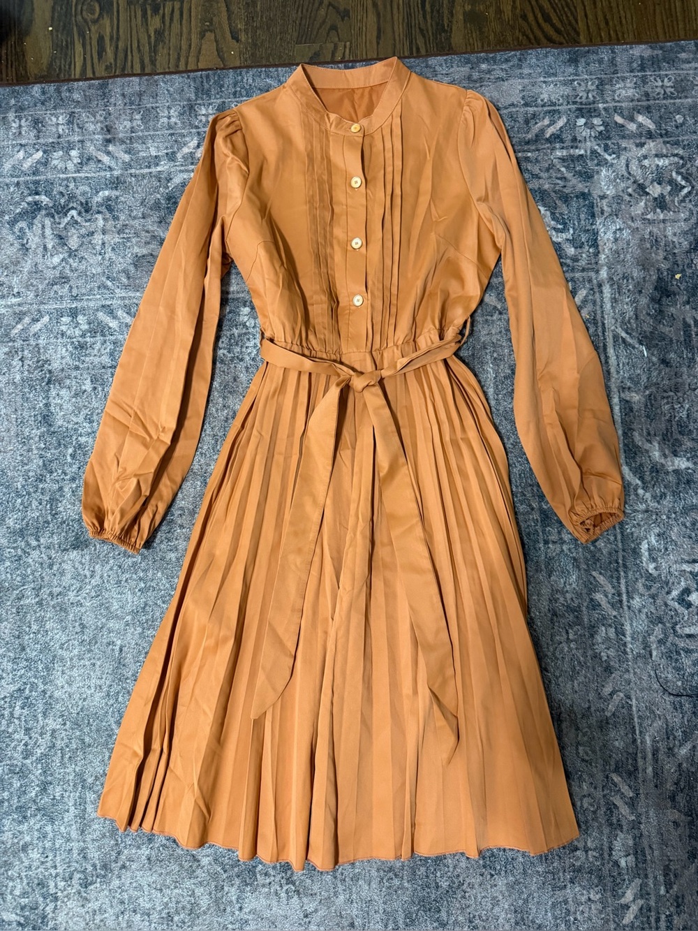 Pleated Long-Sleeve Belted Midi Dress - Rust